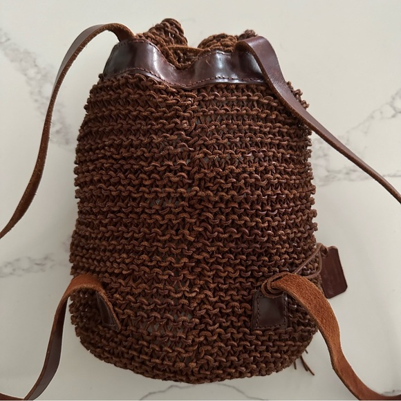 Vintage Ralph Lauren Hand Knit Open Weave Leather Backpack Dark Chocolate Brown - Picture 5 of 8